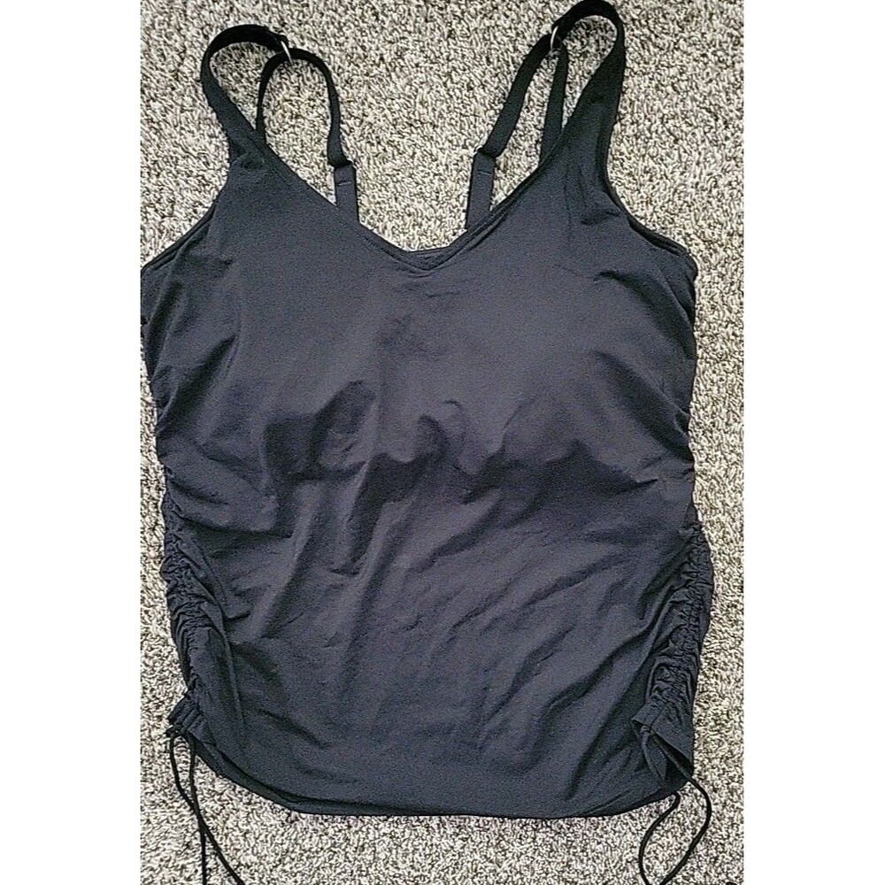 Lands End Women's 14 DD V-Neck Swim Top BLACK Solid Adjustable Padded Bra S305